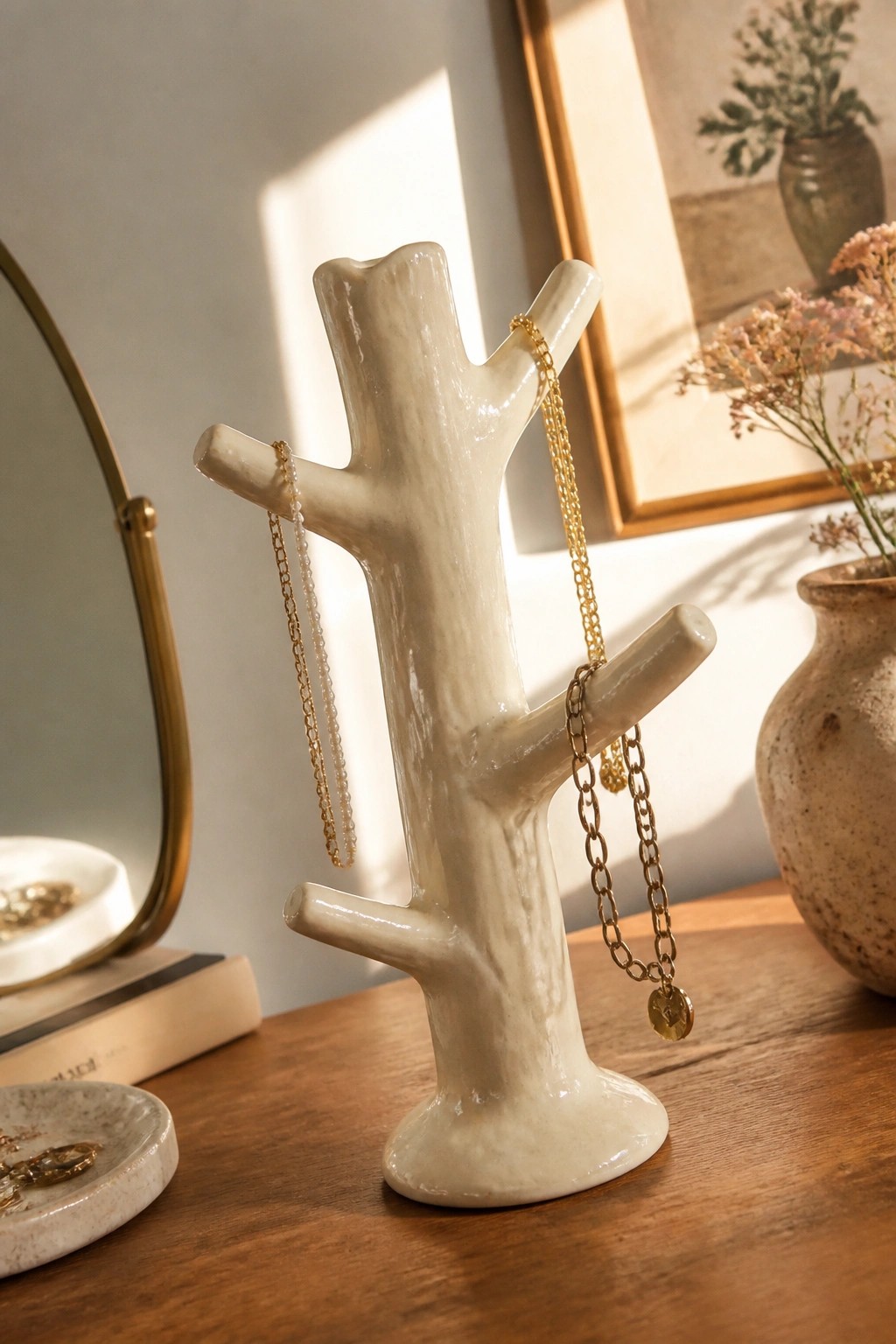 White ceramic tree-shaped jewelry holder with gold necklaces on wooden table