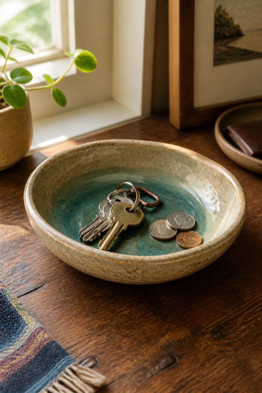 Keys and coins in a turquoise ceramic bowl on a wooden table
