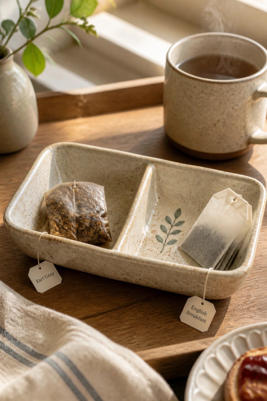 Tea bags labeled Earl Grey and English Breakfast in divided ceramic dish beside steaming mug.