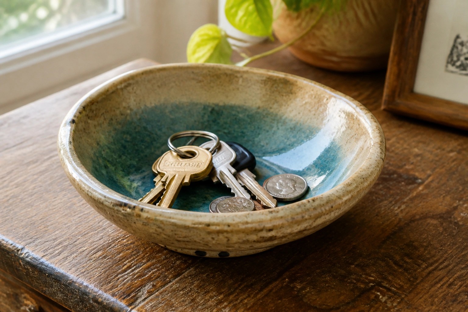 Keys and coins in a turquoise ceramic bowl on a wooden table