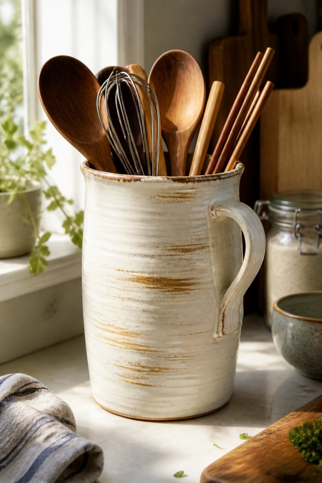 White ceramic pitcher filled with wooden spoons, chopsticks, and metal whisk on sunny counter.