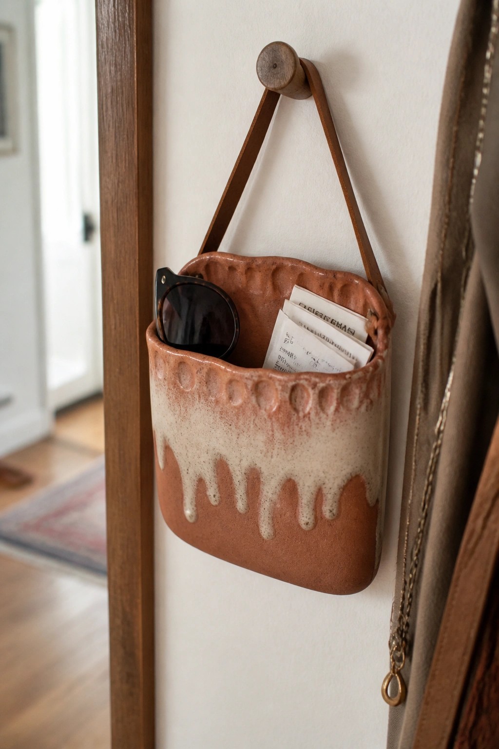 Ceramic wall pouch with leather strap holding sunglasses and papers on wooden peg