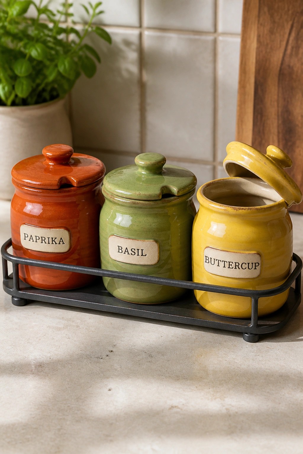 Three ceramic jars in red, green, and yellow on a black metal tray