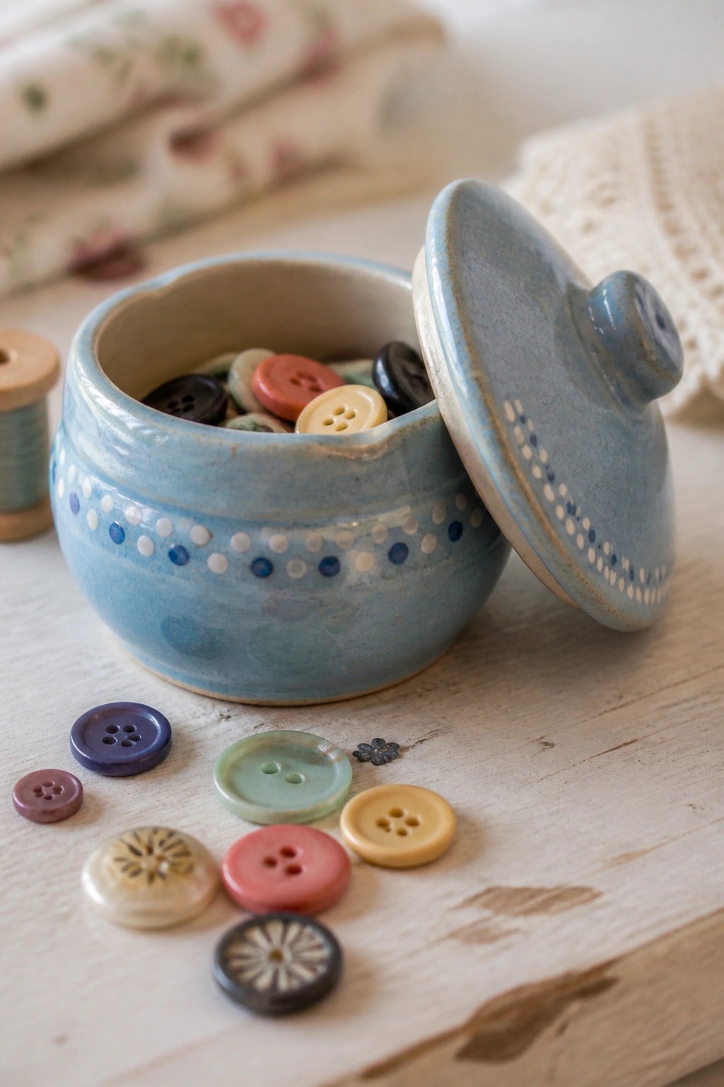 A small blue ceramic jar with lid open, filled with colorful buttons, sitting on a wooden table with more buttons scattered nearby.
