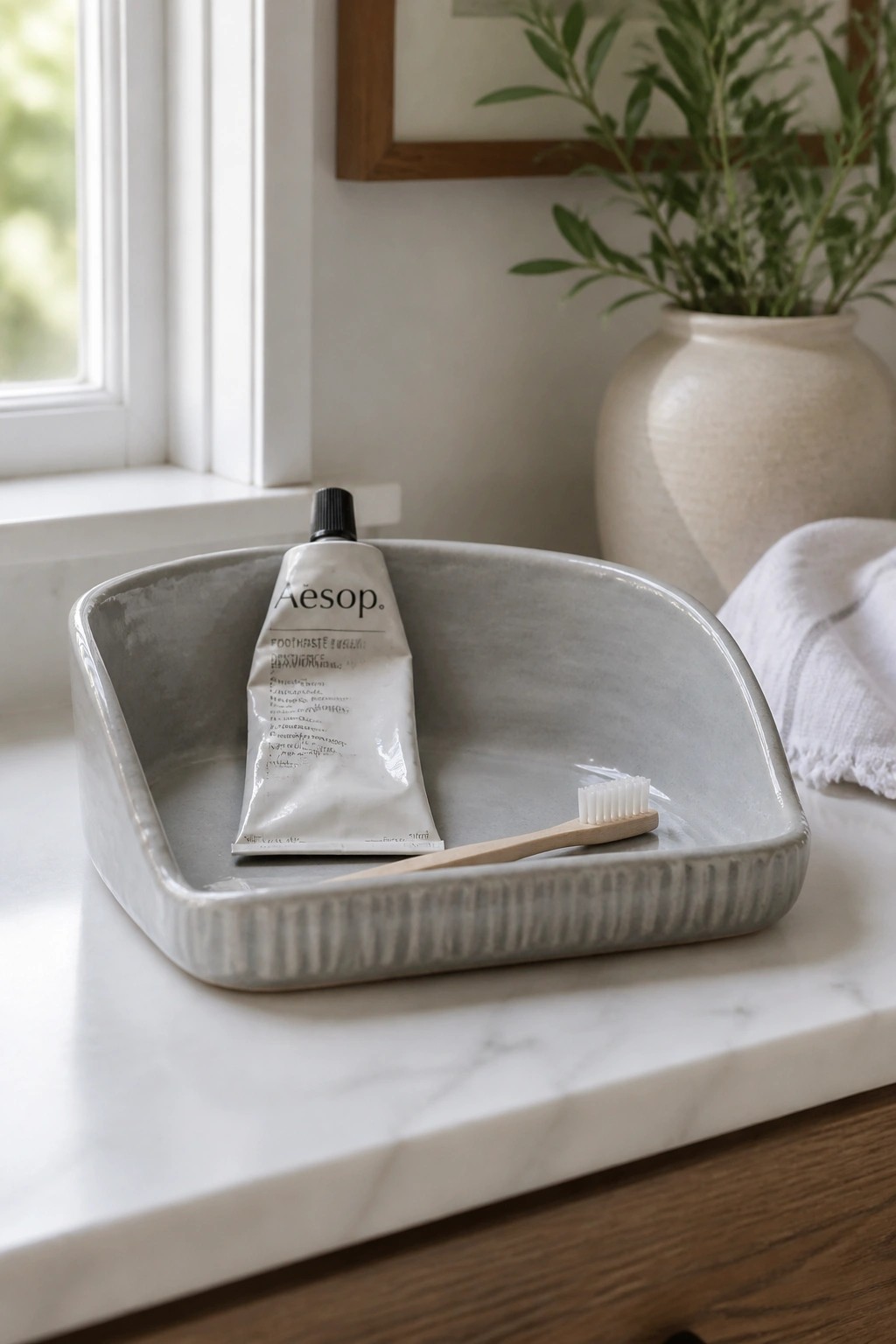 Gray tray with Aesop toothpaste tube and bamboo toothbrush on marble countertop