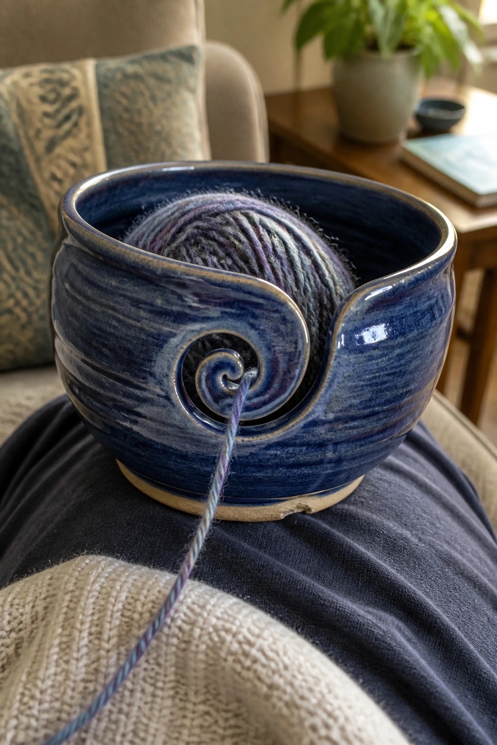 Blue ceramic yarn bowl with spiral cutout holding variegated yarn on lap