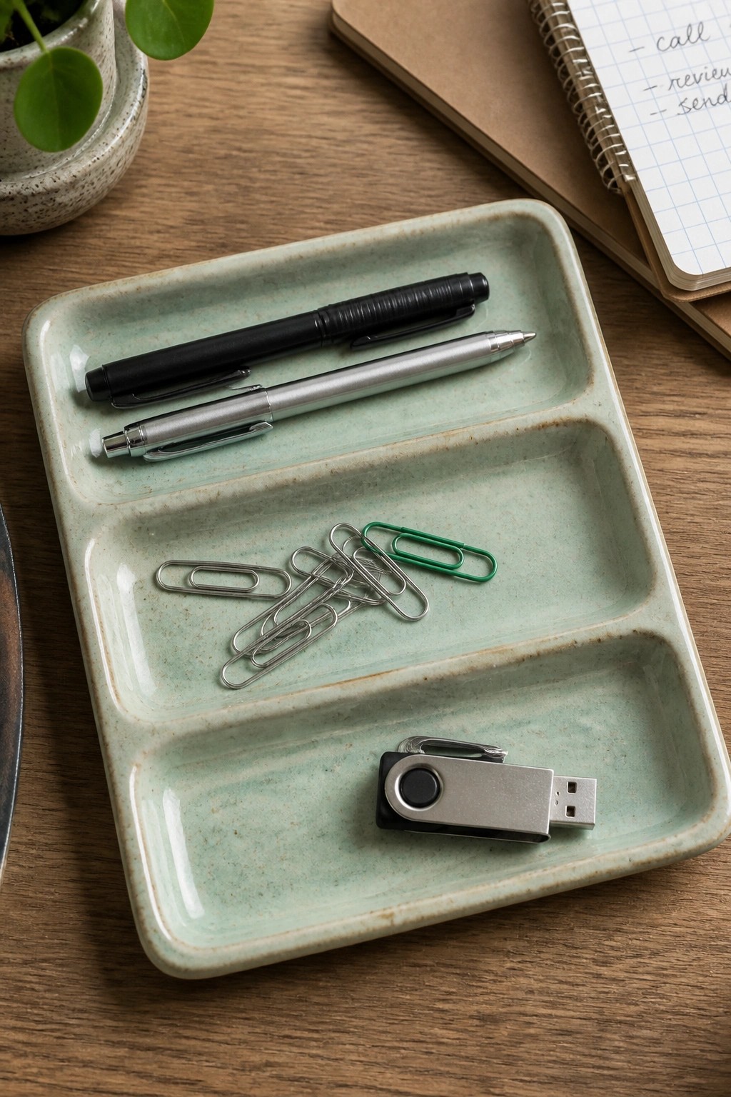 Light green ceramic tray with pens, paper clips, and USB drive on wooden desk