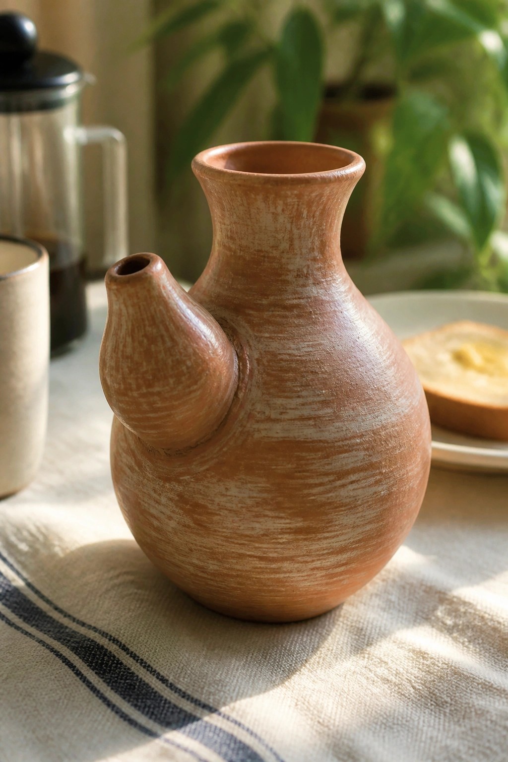 Rustic brown clay pitcher with side spout on blue-striped tablecloth.