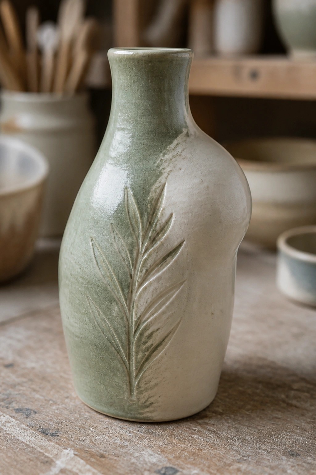 Green ceramic vase with embossed leaf design on wooden studio table
