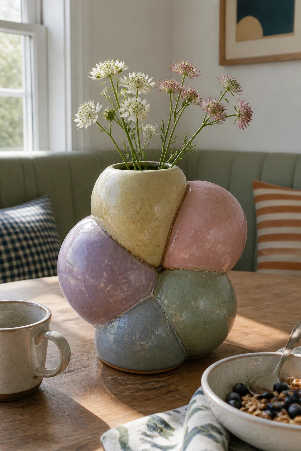 Colorful bubble-shaped ceramic vase with flowers on table beside mug and cereal bowl