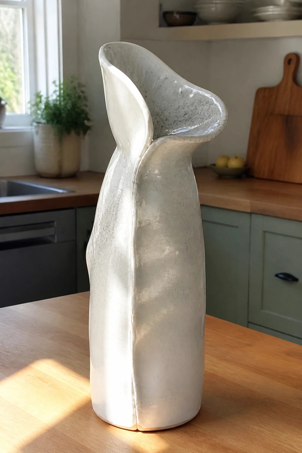 Tall sculptural white ceramic vase on sunlit wooden kitchen countertop.