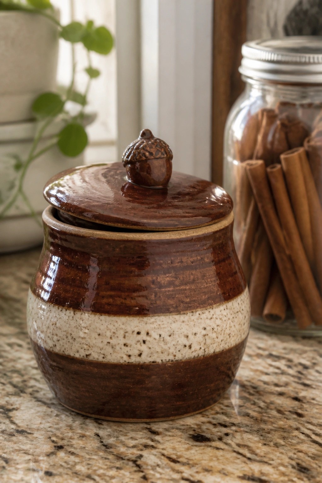 Brown ceramic jar with acorn lid beside glass jar of cinnamon sticks on counter