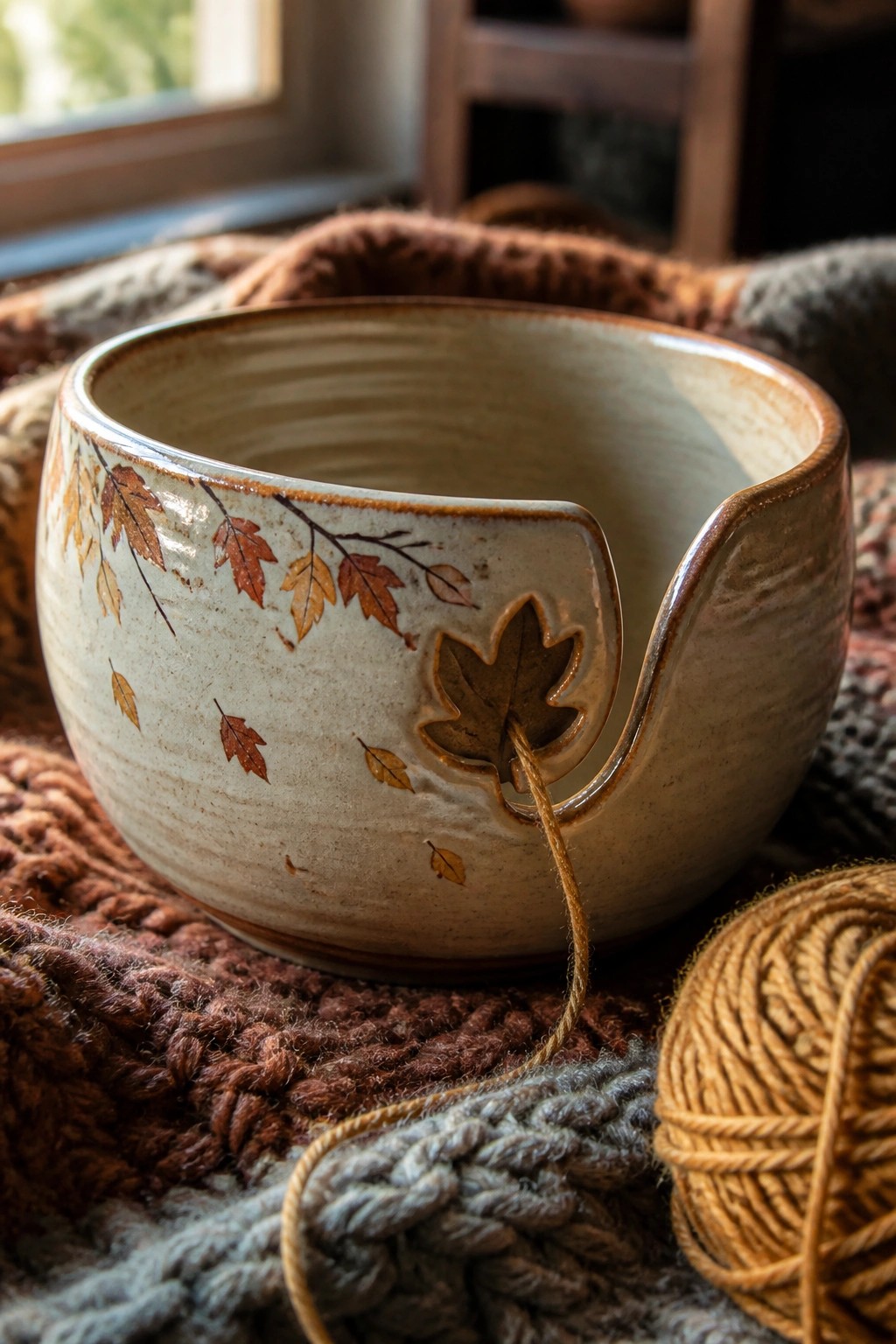 Ceramic yarn bowl with autumn leaves and strand on cozy knitted blankets
