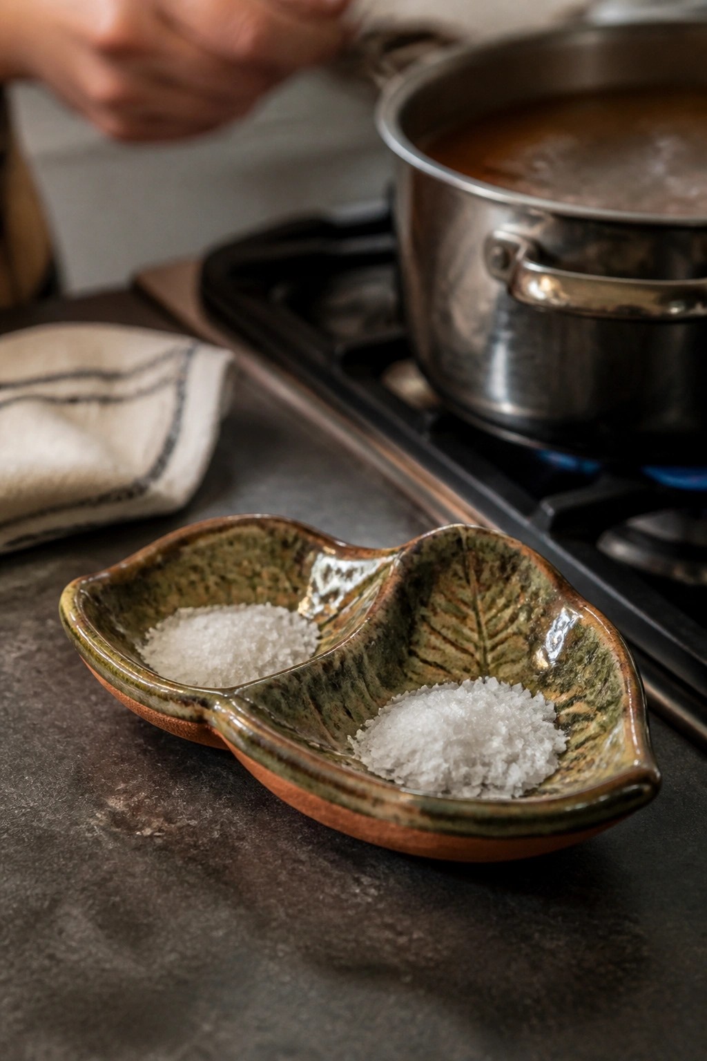 Ceramic leaf bowl with salt beside simmering pot on gas stove