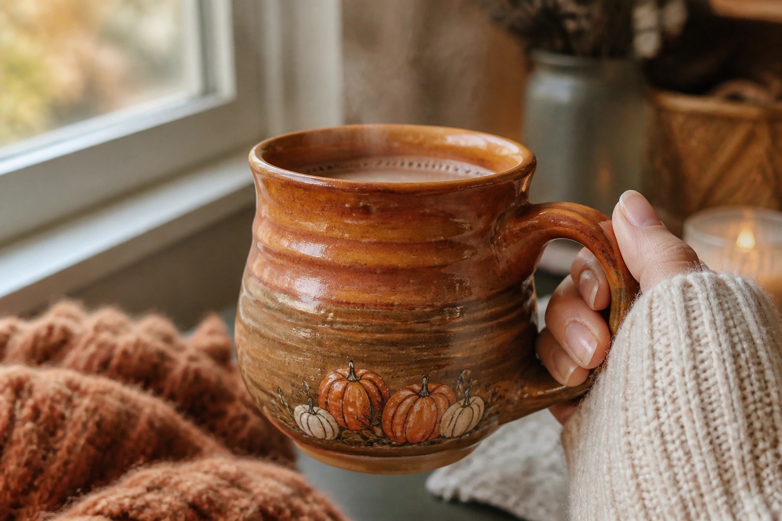 Hand in patterned knit sweater holding steaming orange pumpkin mug on wood