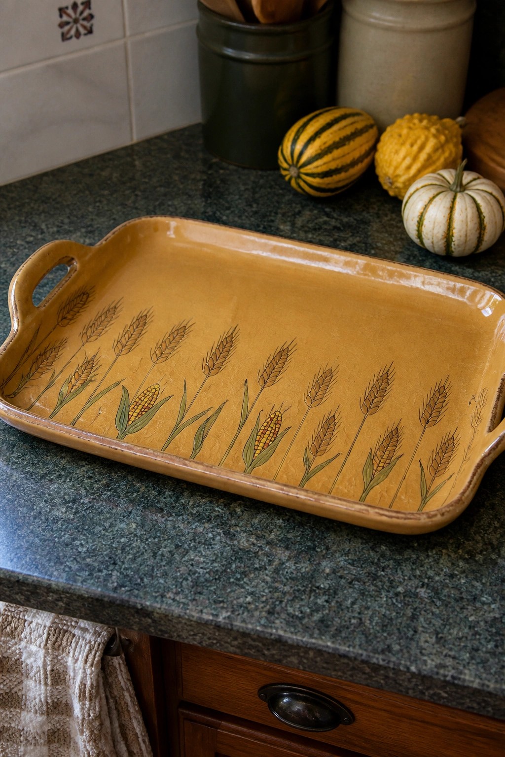 Yellow ceramic tray with wheat and corn motifs on granite kitchen counter