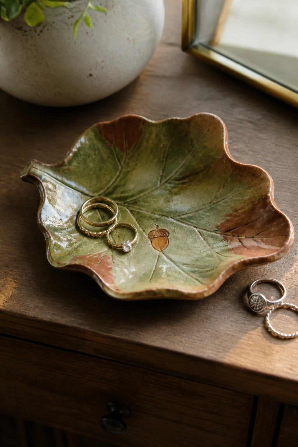 Green ceramic leaf dish holding gold rings with acorn on wooden table.