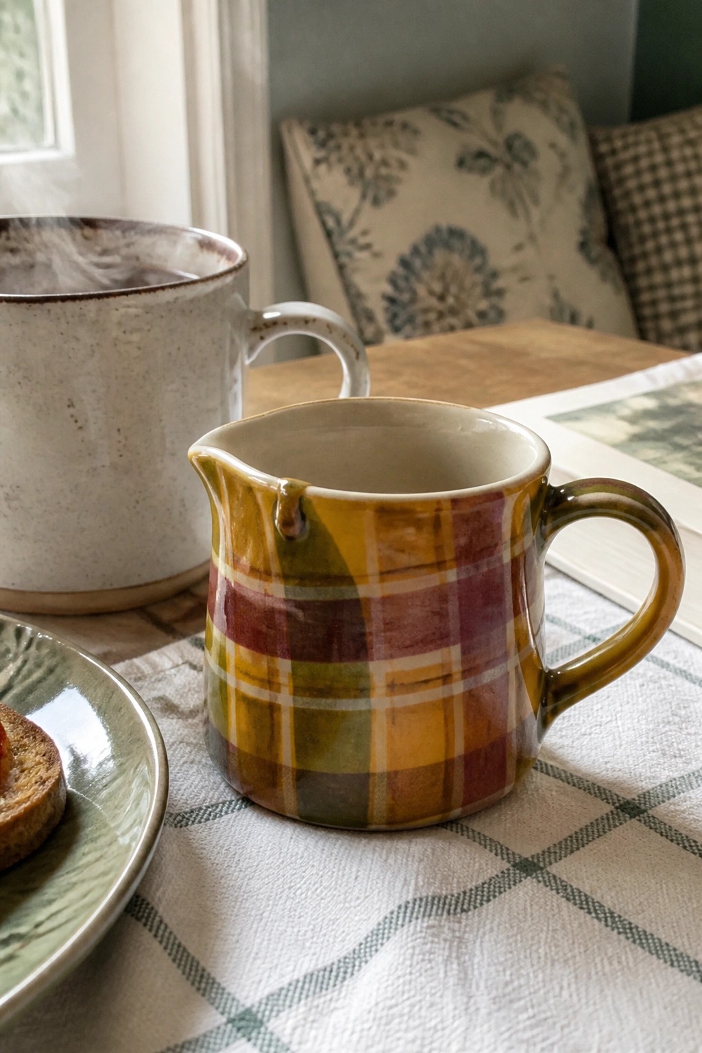 Plaid ceramic pitcher beside steaming mug and toast on breakfast table
