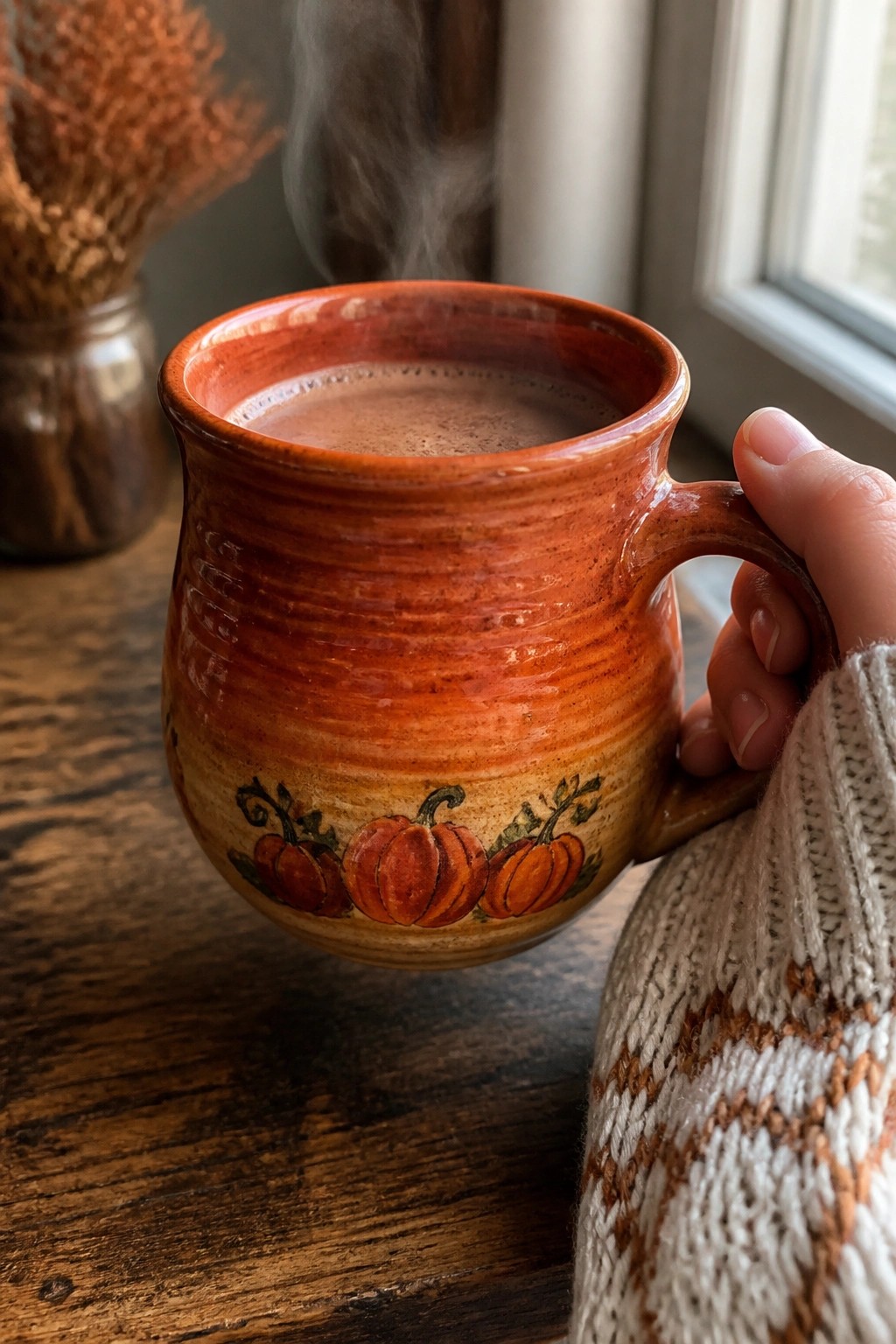 Hand in patterned knit sweater holding steaming orange pumpkin mug on wood