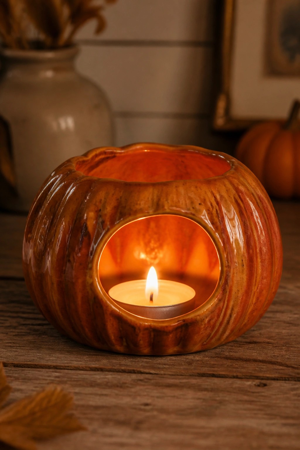 Lit candle glowing in orange ceramic pumpkin holder on rustic wooden table with autumn decor.