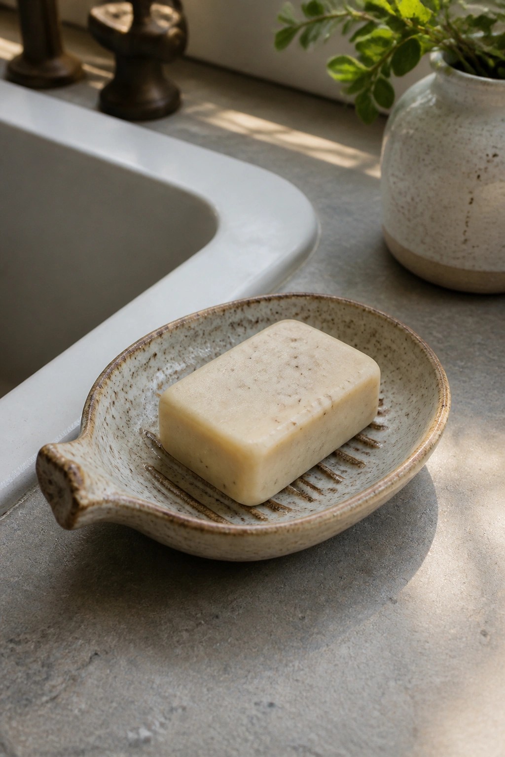 Cream-colored soap bar on a speckled ceramic dish beside a bathroom sink