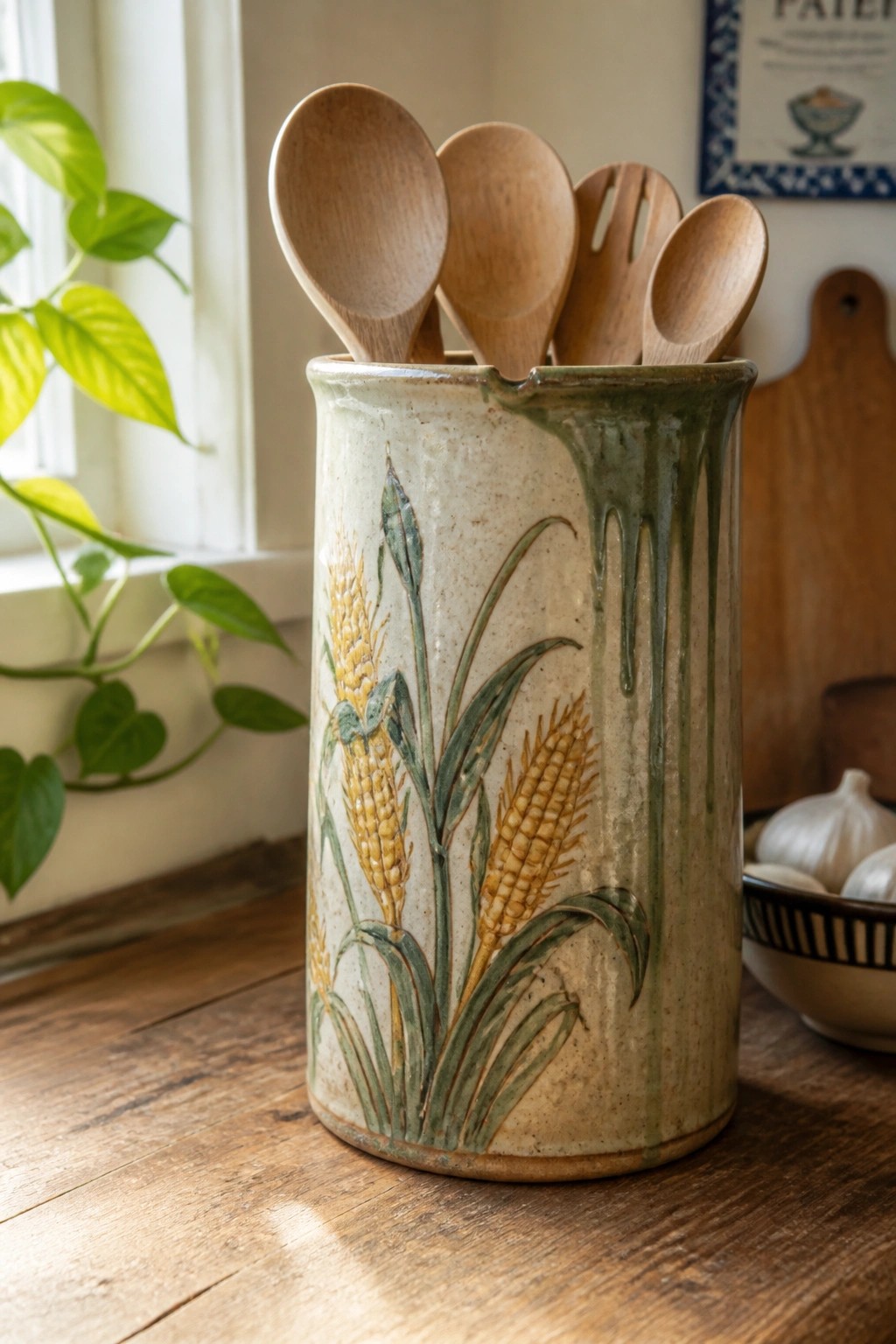 Ceramic jar with wheat designs and green drips holding wooden spoons on wooden table