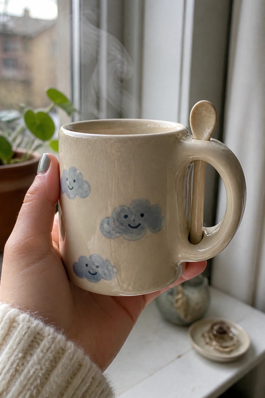 Hand in white knit sleeve holding steaming beige mug with smiling clouds and spoon