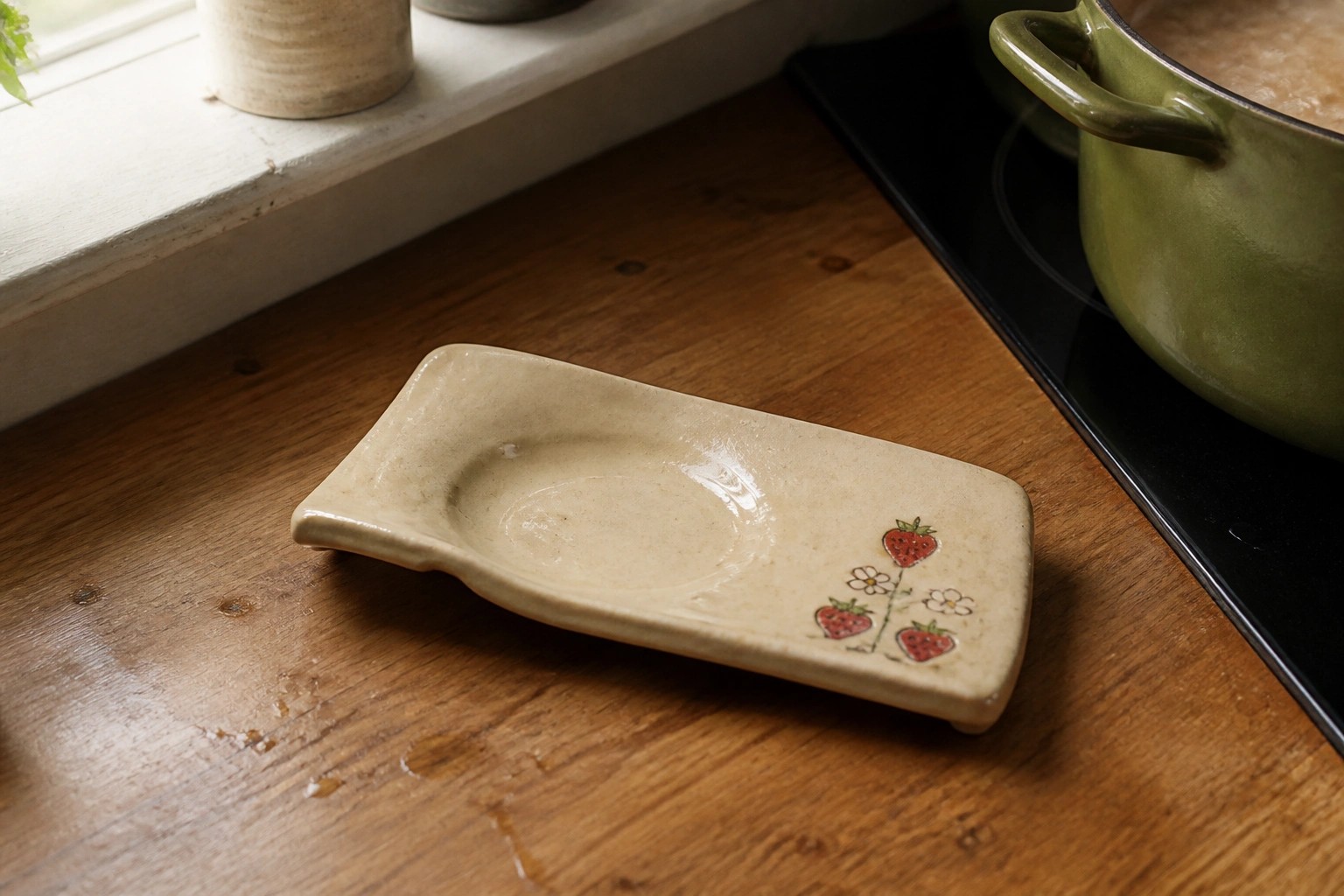 Small beige ceramic dish with strawberry designs on wooden kitchen counter near stove