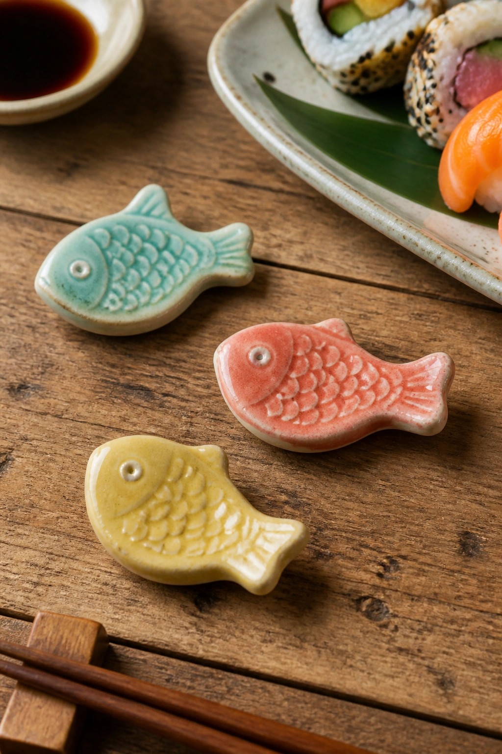 Three colorful ceramic fish dishes beside sushi on wooden table with chopsticks
