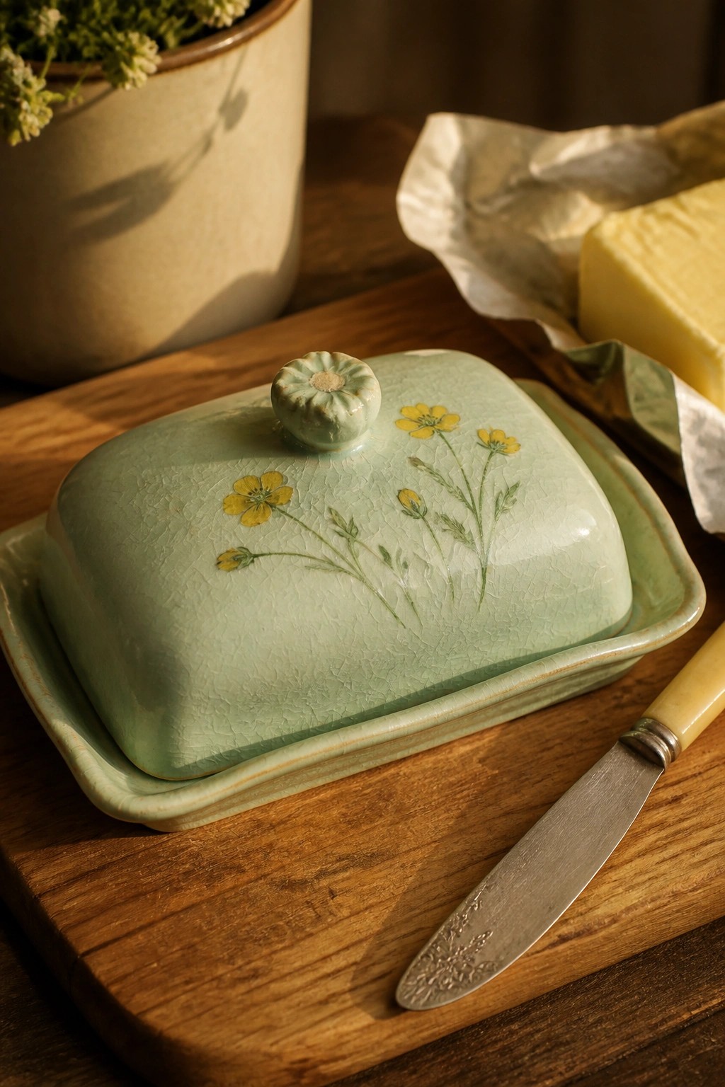 Mint green floral butter dish with knife and butter on wooden board.