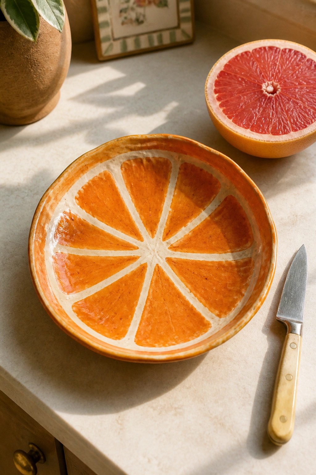Ceramic bowl with orange segments beside halved grapefruit and knife on counter