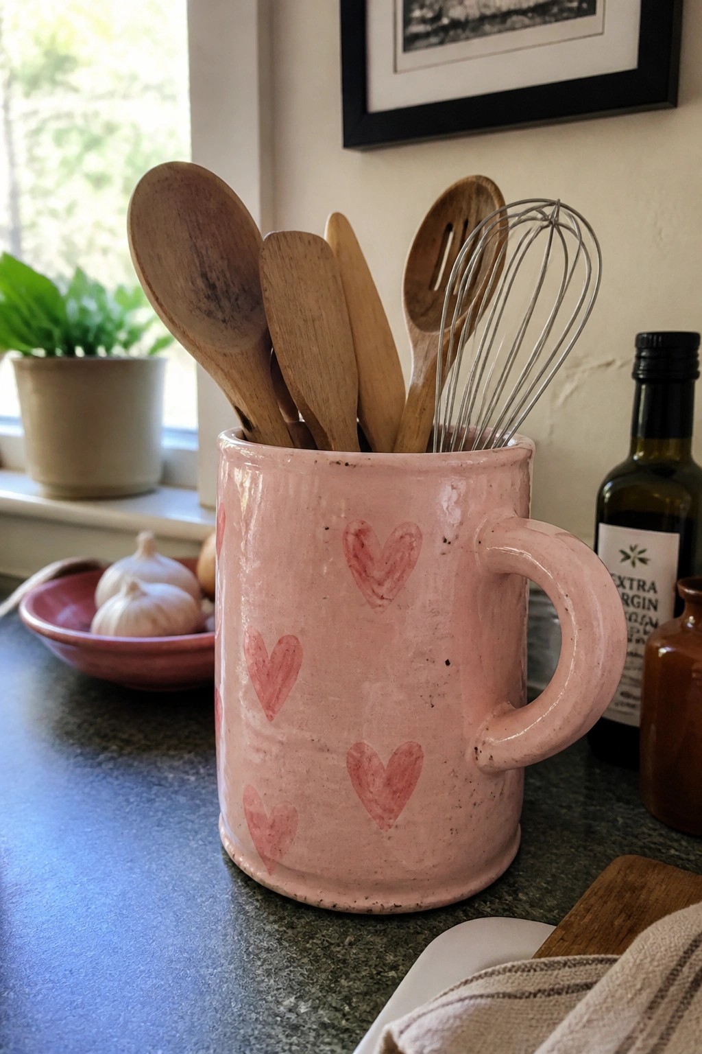 Pink mug with hearts holding wooden spoons and whisk on kitchen counter
