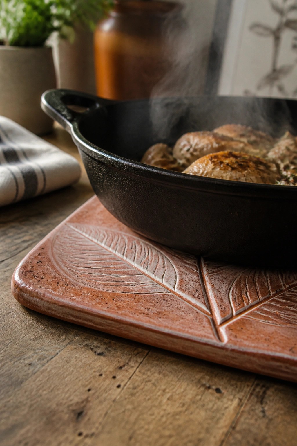 Black cast-iron skillet with steaming meat on a leaf-embossed terracotta trivet.