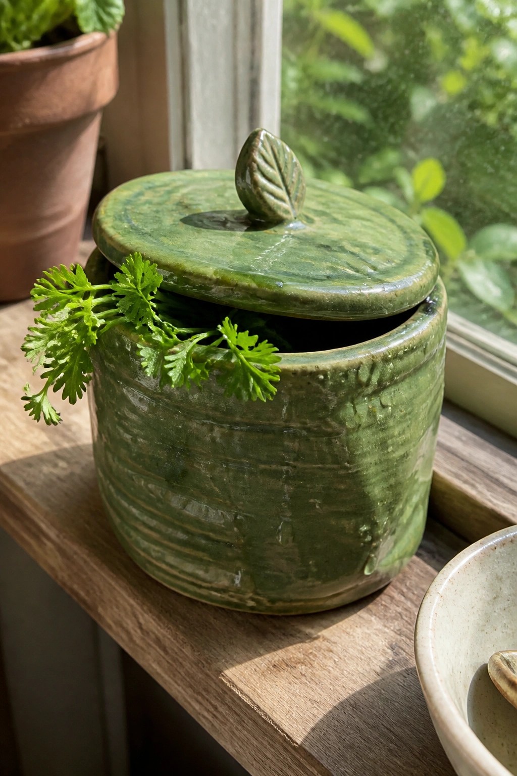 Green ceramic jar with leaf knob lid and fresh parsley on wooden windowsill