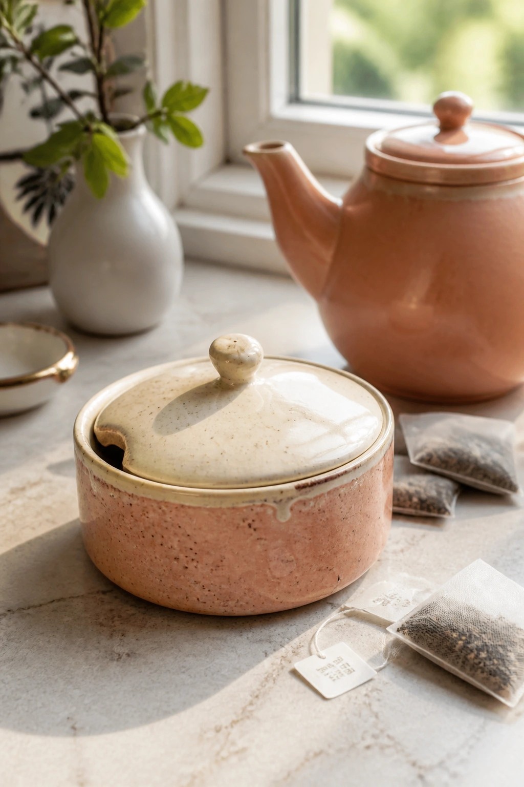 Pink ceramic lidded jar beside teapot and scattered tea bags on marble.