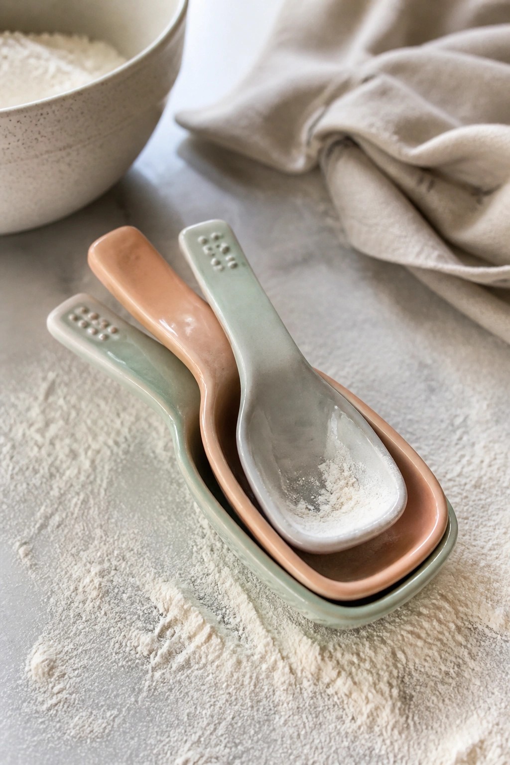 Pastel ceramic spoons nested on floured marble with linen cloth and bowl.