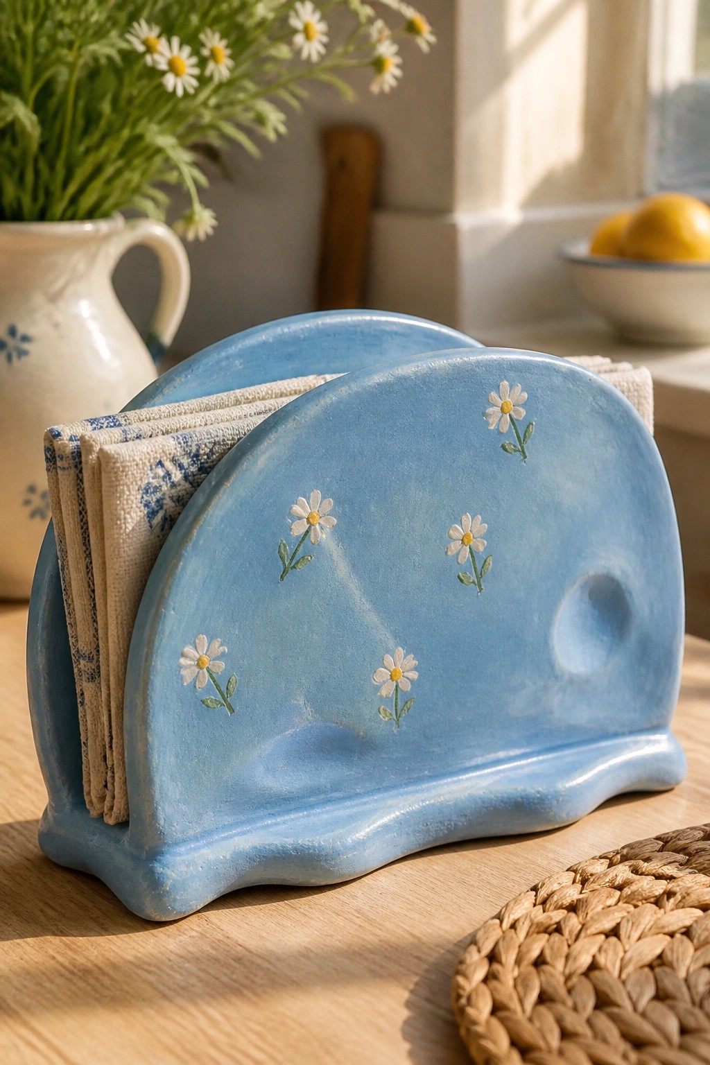 Blue ceramic napkin holder with daisy motifs holding patterned cloths on wooden table