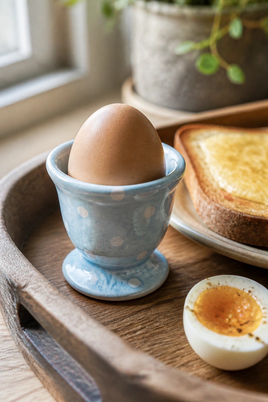 Brown egg in blue polka-dot cup beside toast and halved egg on tray