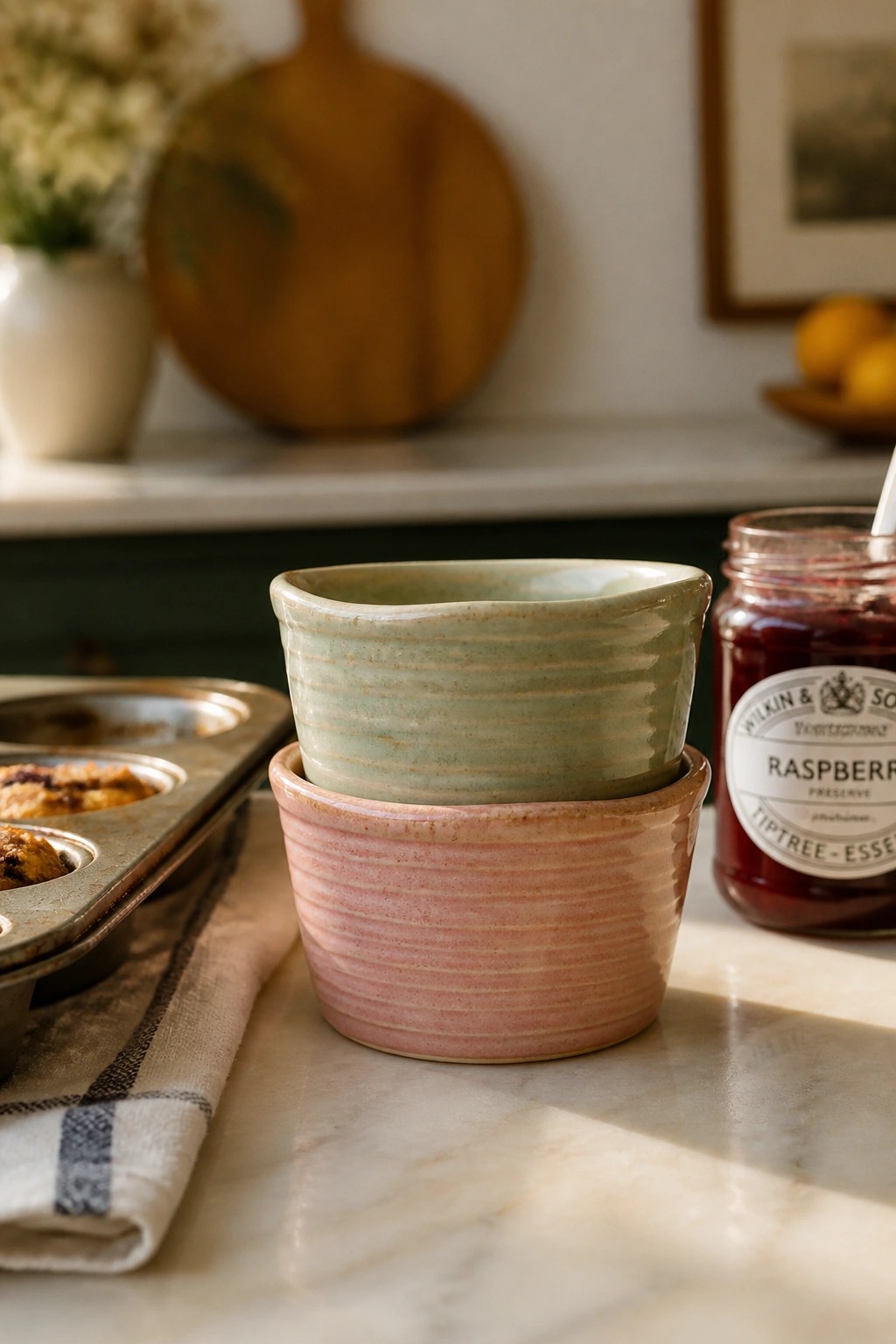 Stacked pink and green ceramic bowls beside raspberry jam jar and muffin tin.