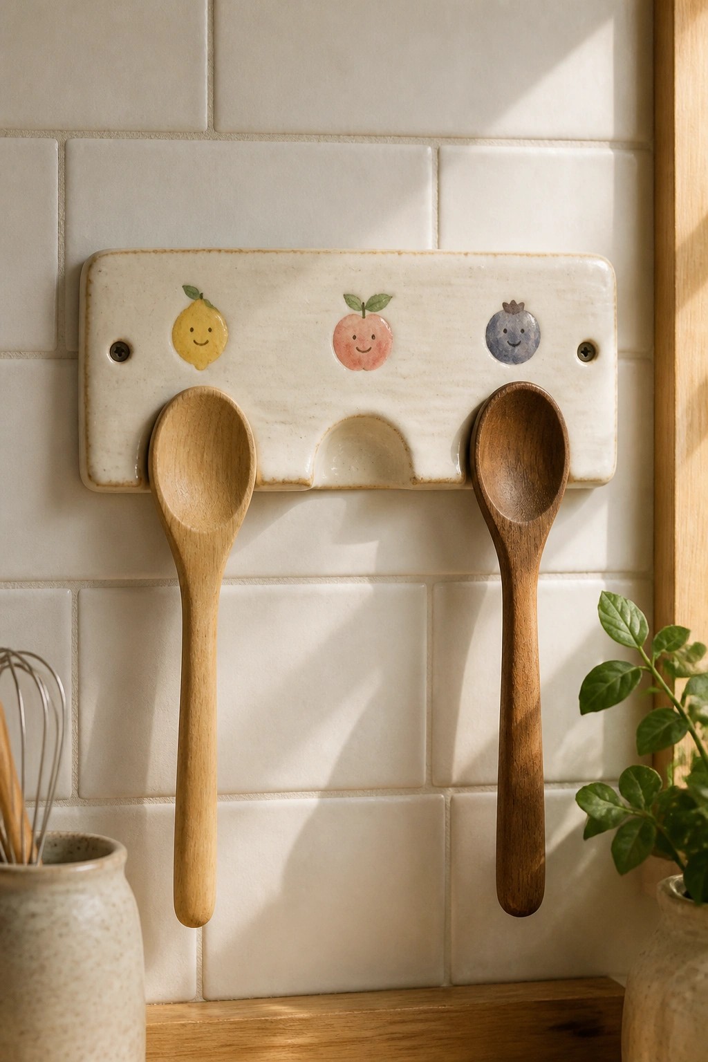 Ceramic spoon holder with fruit faces and two hanging wooden spoons on white tiles