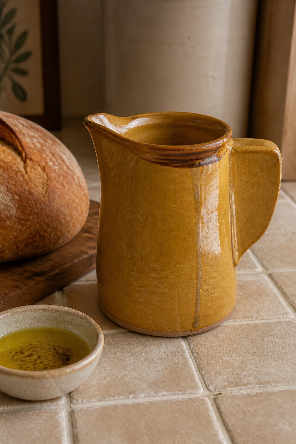 Mustard-yellow ceramic pitcher beside bread loaf and oil bowl on tiled counter.