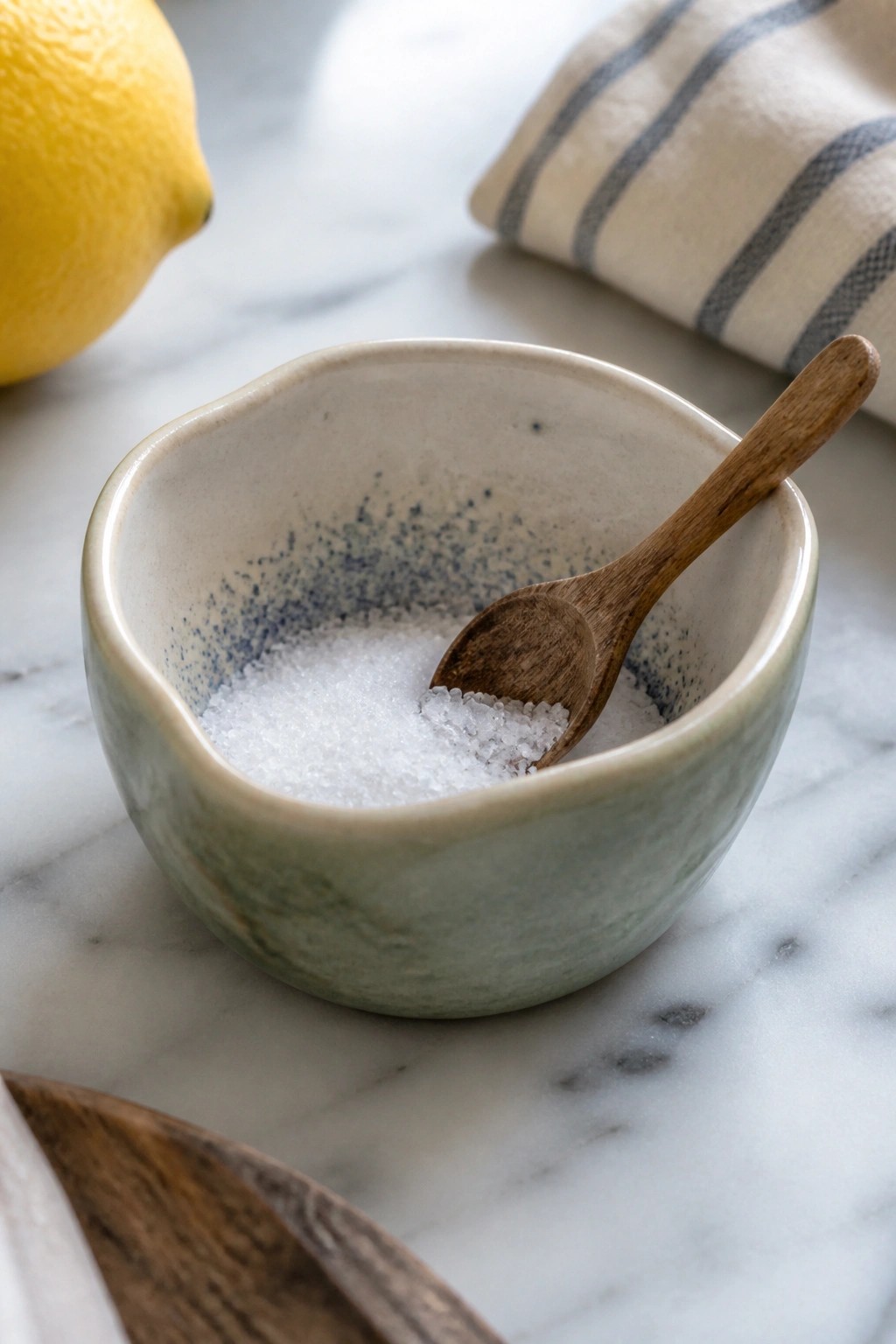 Green ceramic bowl of salt with wooden spoon beside lemon on marble