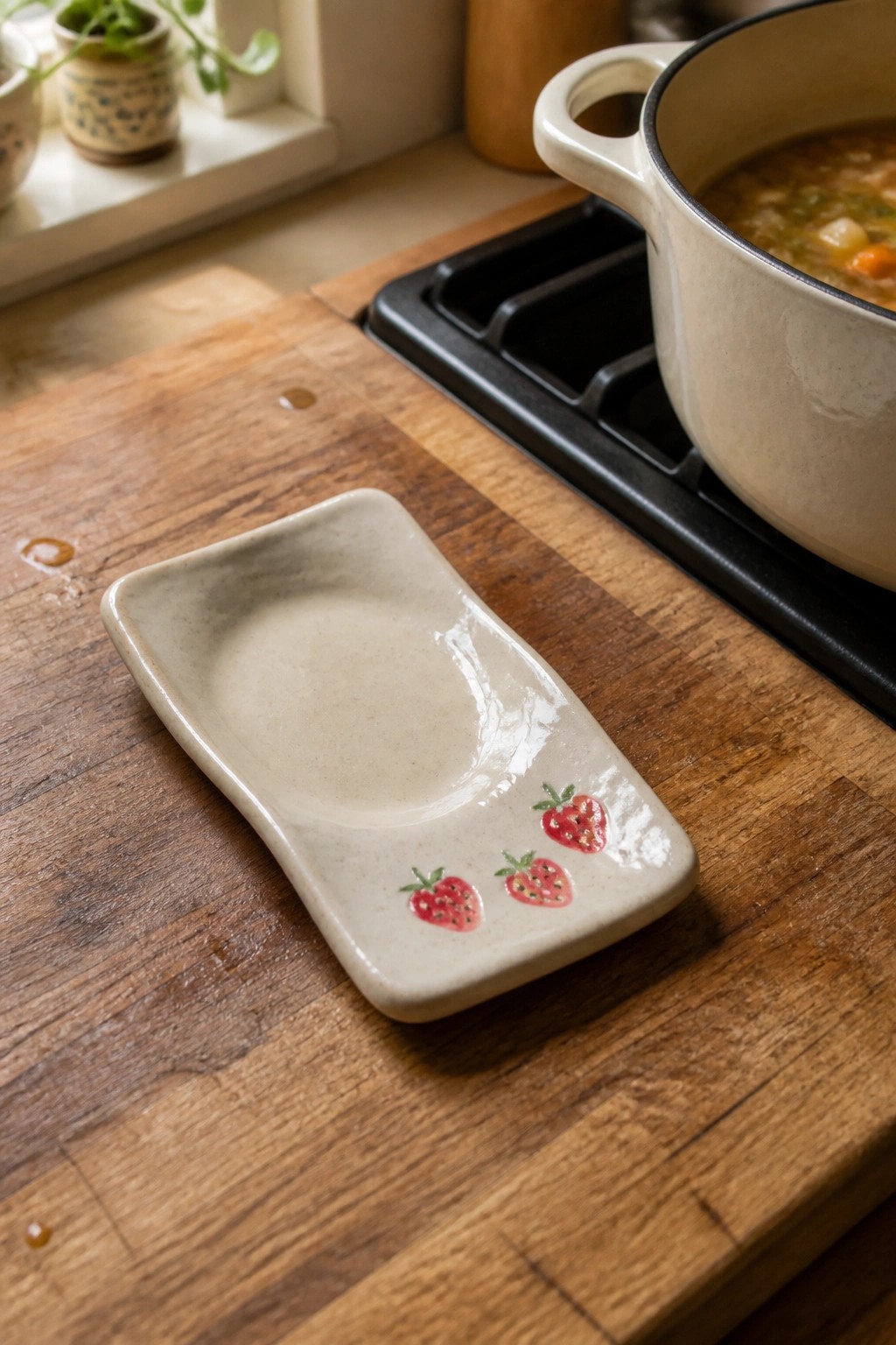 Small beige ceramic dish with strawberry designs on wooden kitchen counter near stove