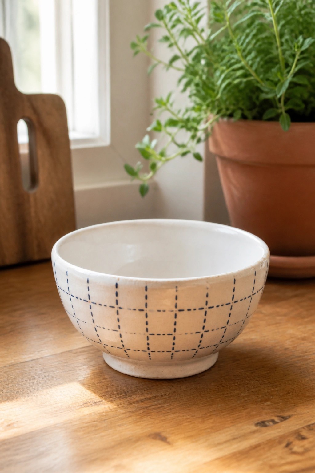 White ceramic bowl with blue grid pattern on wooden kitchen table