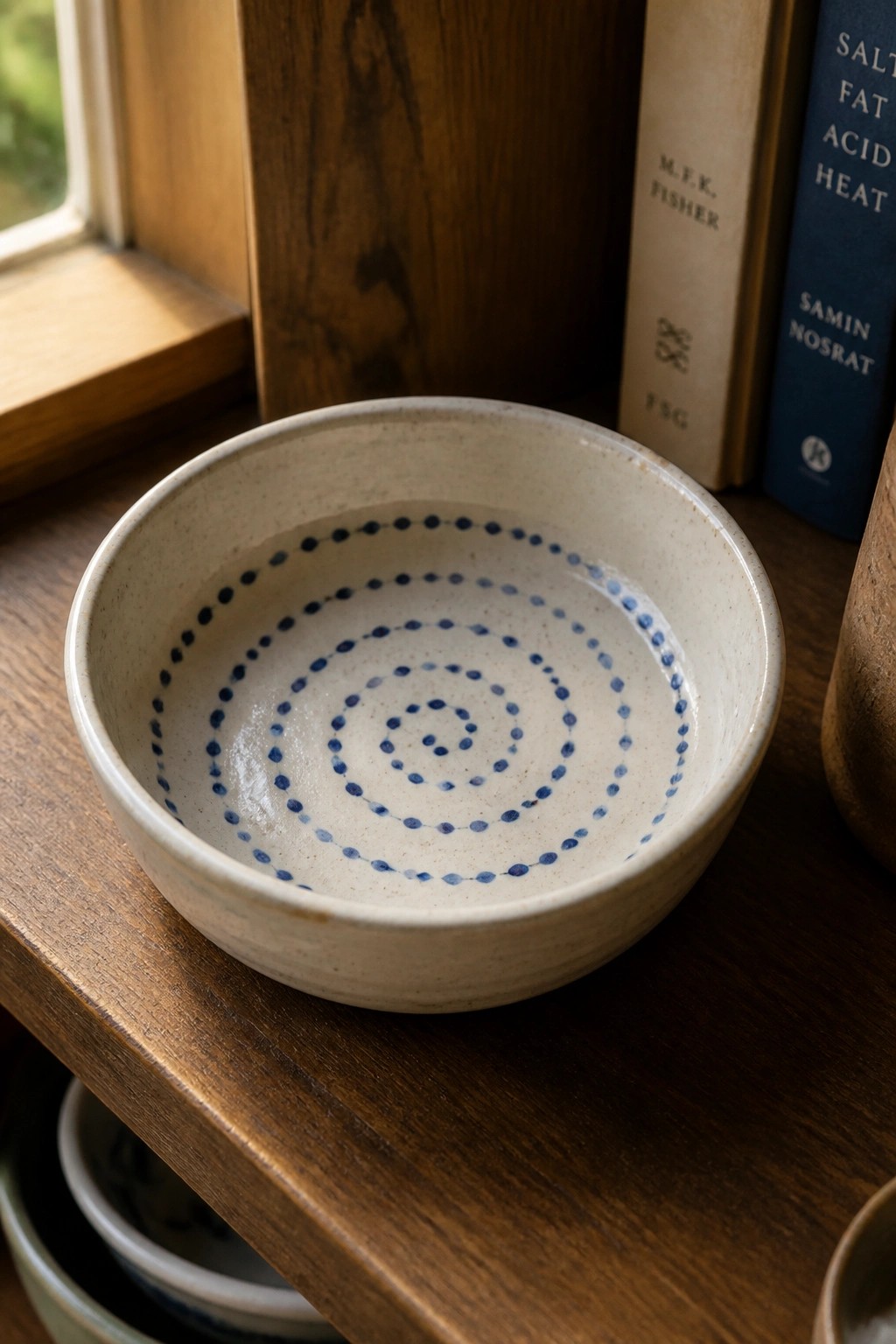 Speckled ceramic bowl with blue dotted spirals on wooden shelf near books