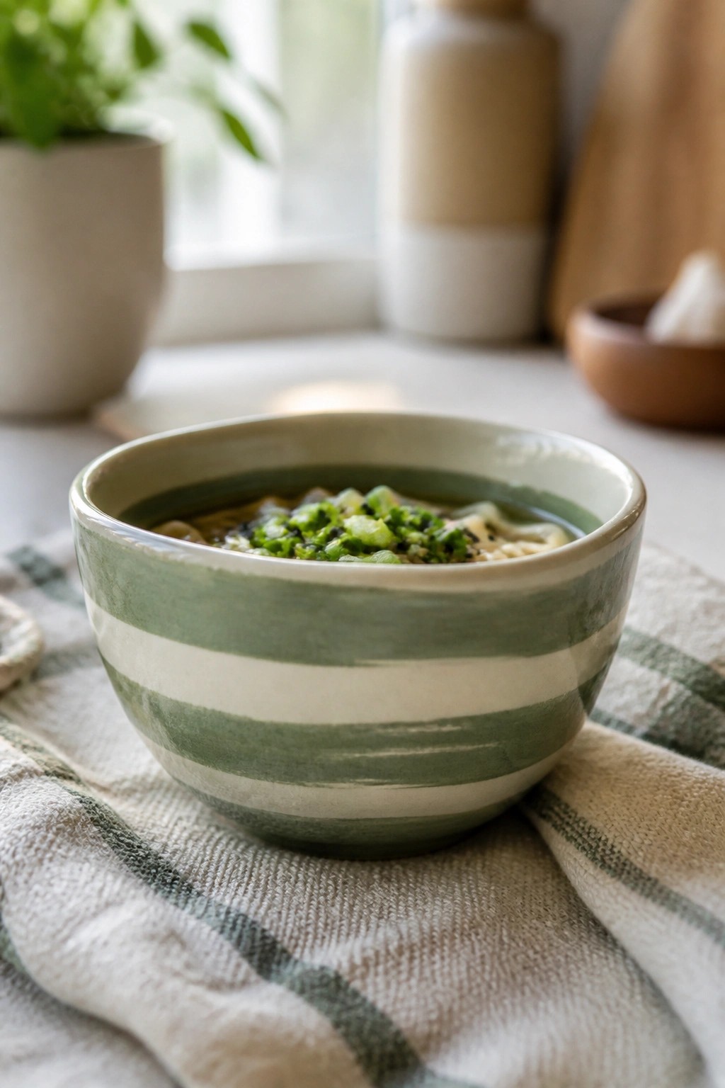 Green striped bowl of noodle soup with green onions on cloth napkin