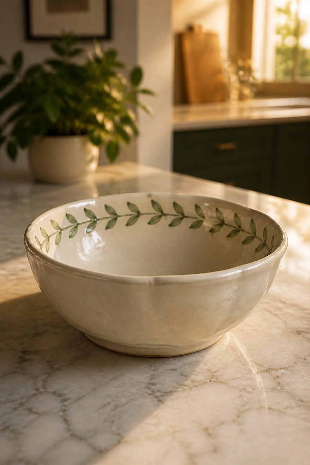White ceramic bowl with green leaf pattern on sunlit marble countertop