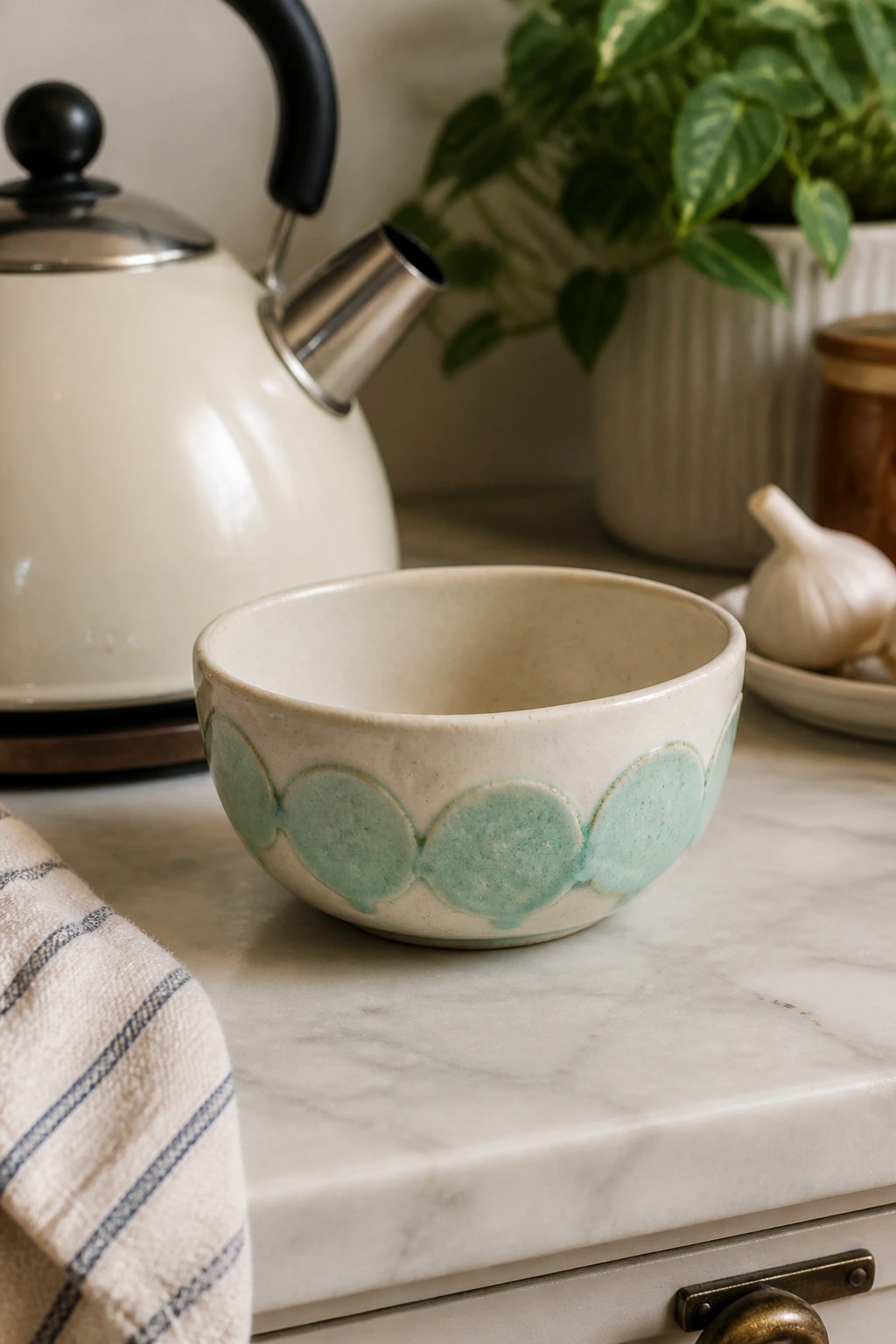 Cream ceramic bowl with turquoise scalloped pattern on marble kitchen counter beside kettle