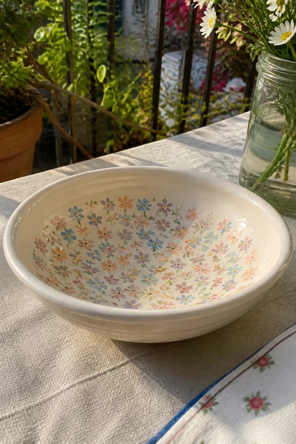 White bowl with colorful floral pattern beside glass jar of daisies on tablecloth
