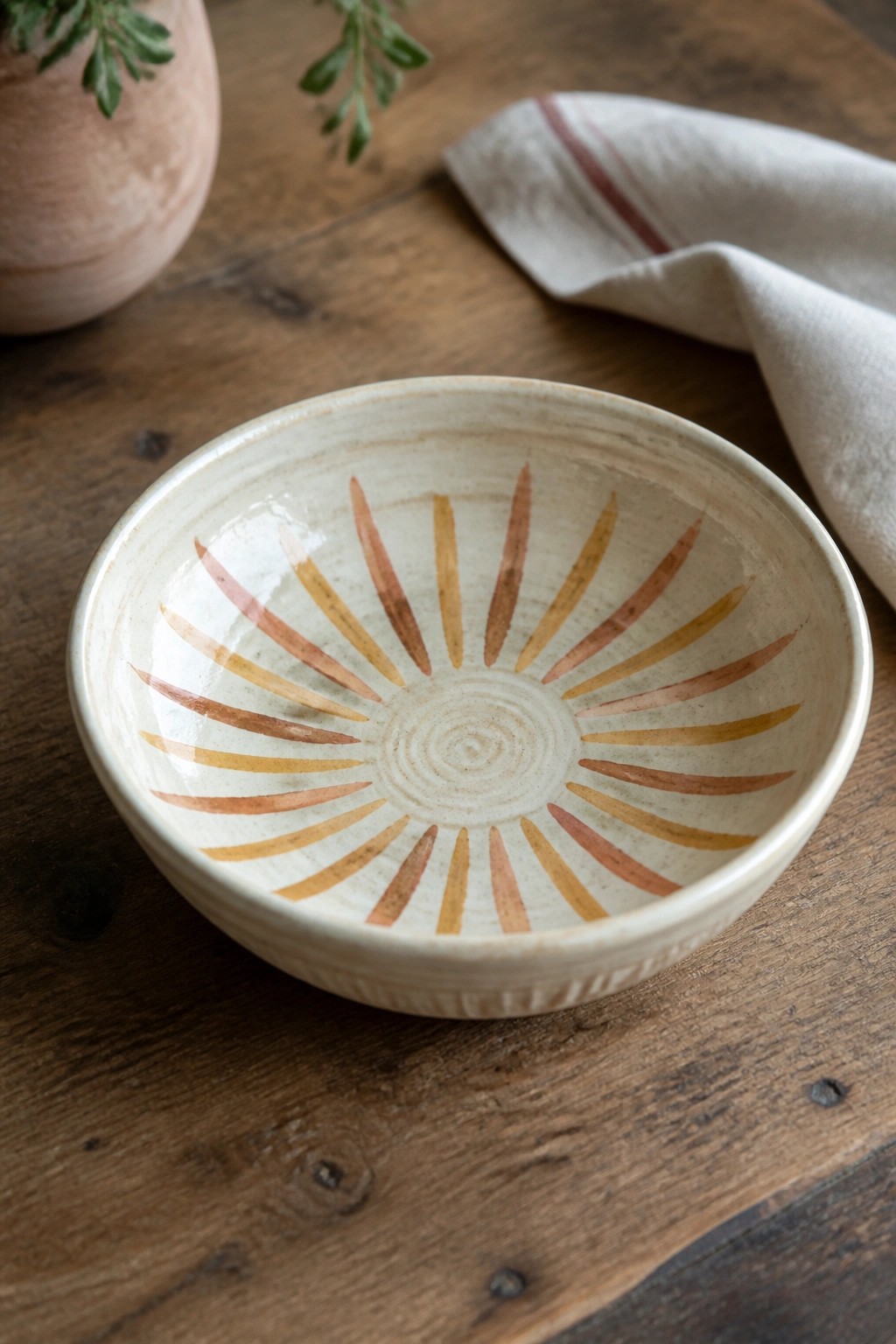 Ceramic bowl with sunburst pattern in warm tones on wooden table